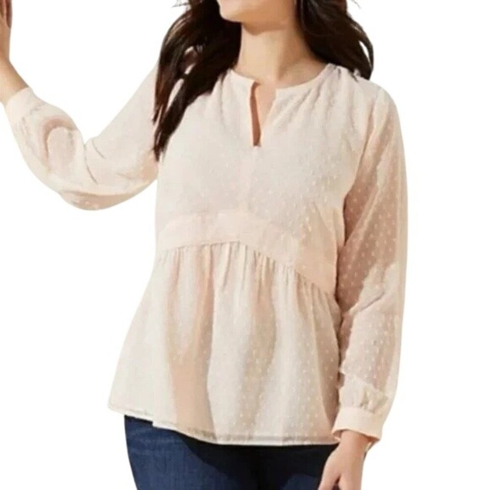 Loft Babydoll Top Size Medium Long Sleeve V Neck Sheer Clip Dot Peach Feminine
